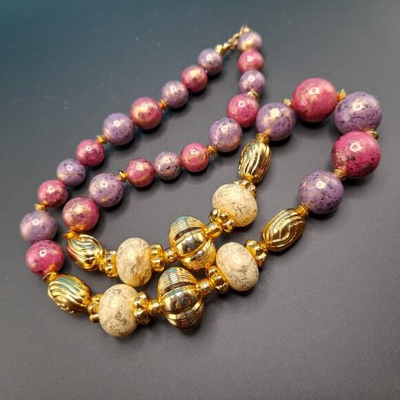 Vintage Chunky Art Beaded Necklace, Gold White Purple Beads, 24 Inches - Picture 2 of 12
